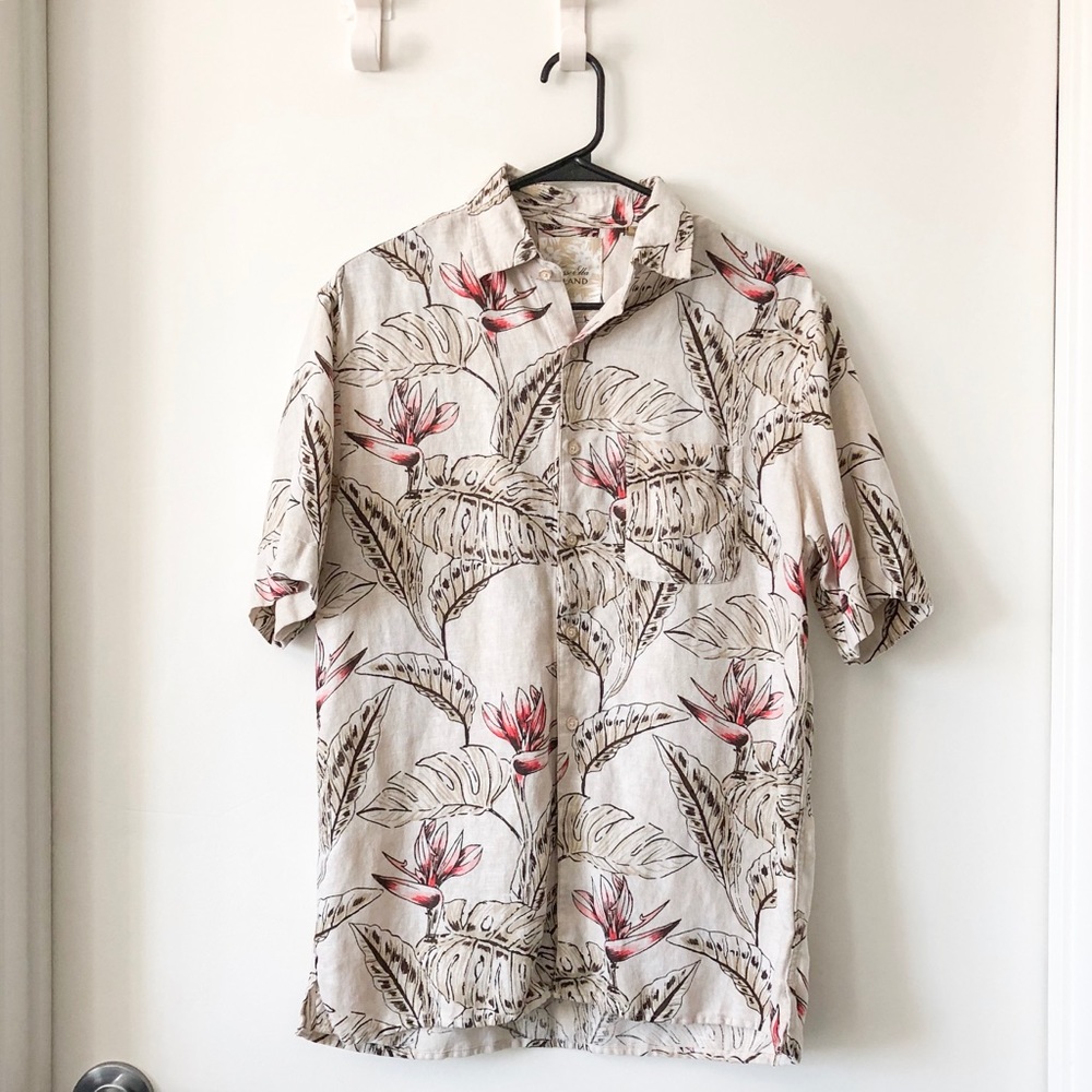 Tasso Elba Beige Button-Down Hawaiian Shirt with Pink Floral Print